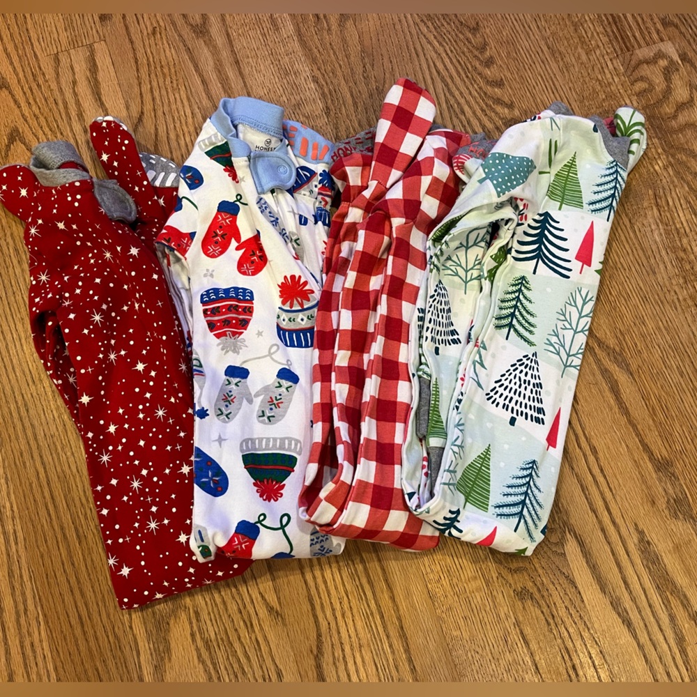 Four (4) Honest Company Holiday Footed Pajamas